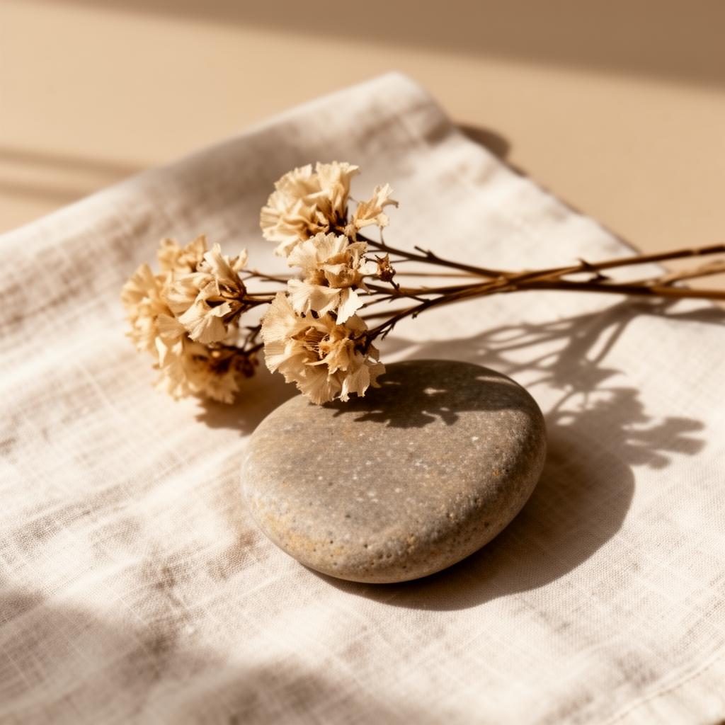 Detalhe terapêutico com flores secas e pedra